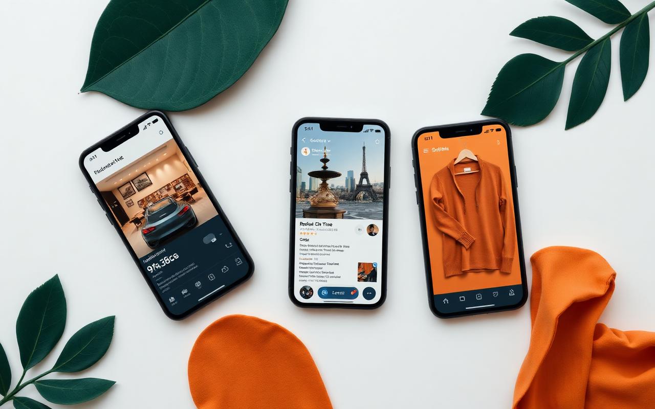 Trois écrans de smartphone affichant des annonces sur différentes plateformes